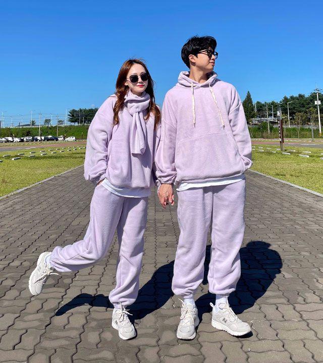 [촉감대박/5컬러] 오버핏 후리스 맨투맨 후드티 커플 트레이닝복 빅사이즈 트레이닝 세트 셋업 조거팬츠 밴딩팬츠 목도리 커플룩 시밀러룩 운동복 연말룩