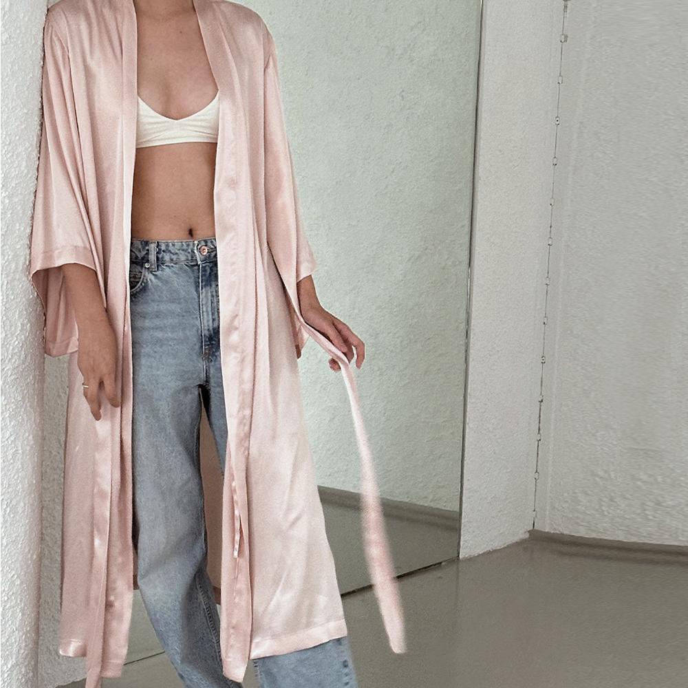 Peach Pink Flow Slit 새틴 로브