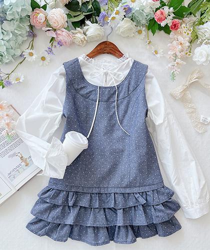 네일 도트 라이트블루 원피스 화이트 블라우스 세트