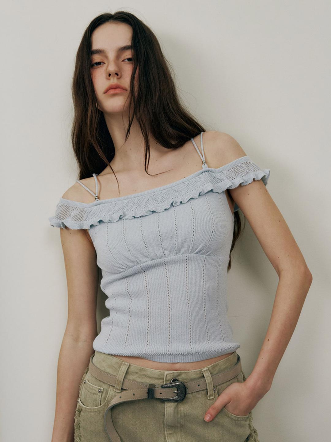 Off-shoulder Ruffled Strap Knit Top VK5MP194_2color