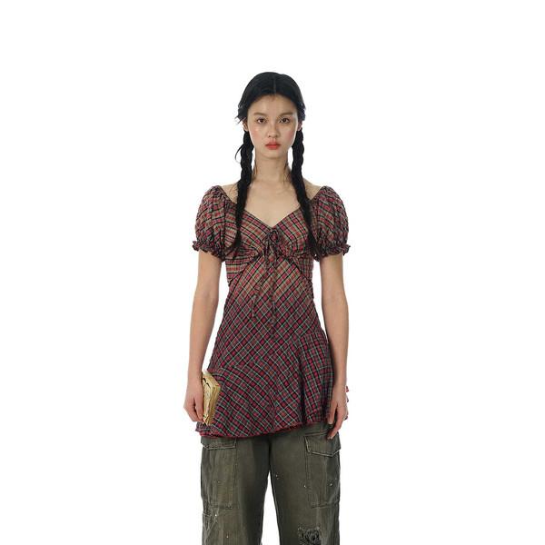 Moromoro Classic Double Checked Vintage Spray Raspberry Lace Dress