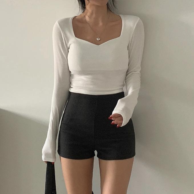 [ 촉촉스판/기모안감 ] 와킨 하트넥 슬림 긴팔 크롭 티셔츠