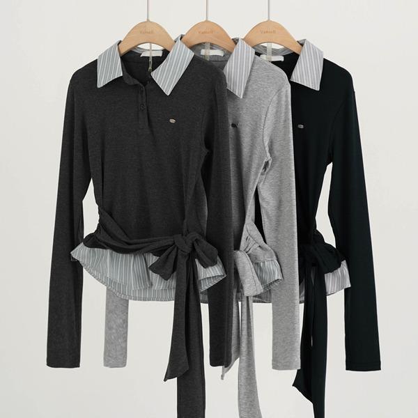 [44~66반/3컬러] 카라 타이업 레이어드 긴팔티 긴팔티셔츠 티셔츠 카라니트 하객룩 레이어드룩 레이어드