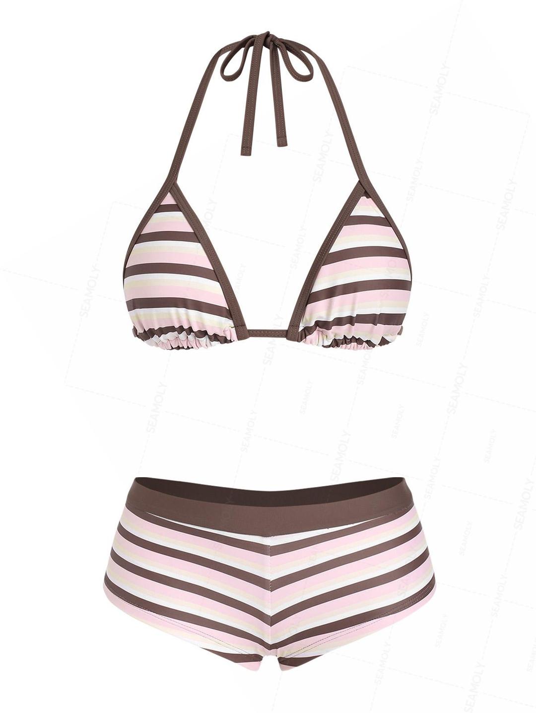 Seamolly Colorblock Striped Halter Triangle Boyshorts Bikini Set
