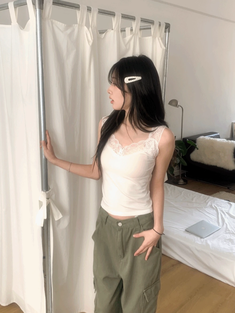 [💞유니크/레이스나시] 코우 레이스 버튼 sleeveless