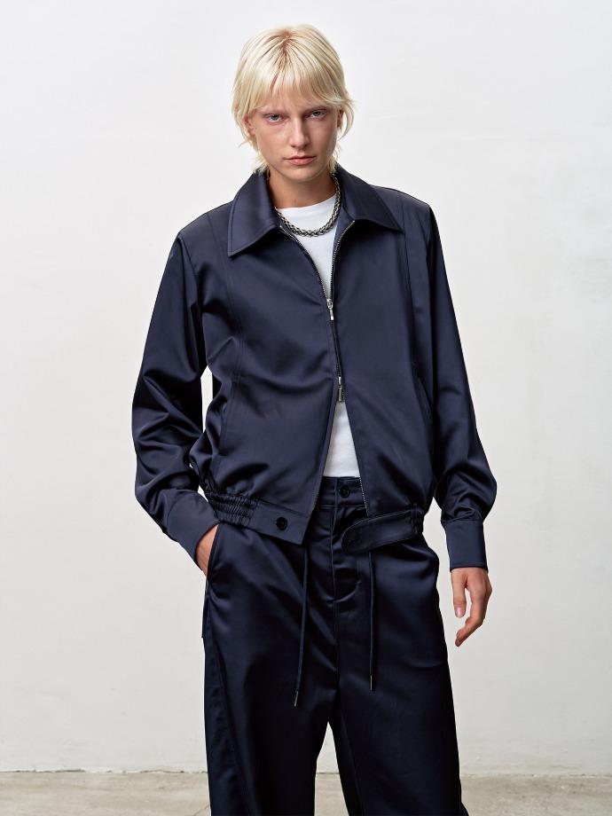 (W) SILKY ZIPPERED BLOUSON JACKET_ NAVY