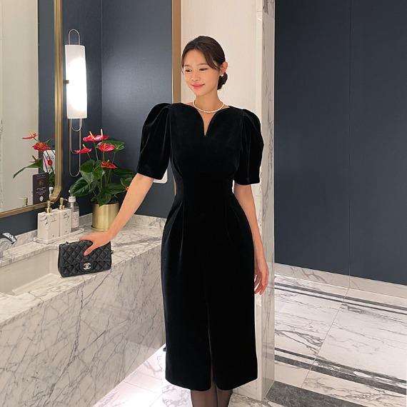 시엘르 하트넥 퍼프 벨벳 원피스 (55~77)