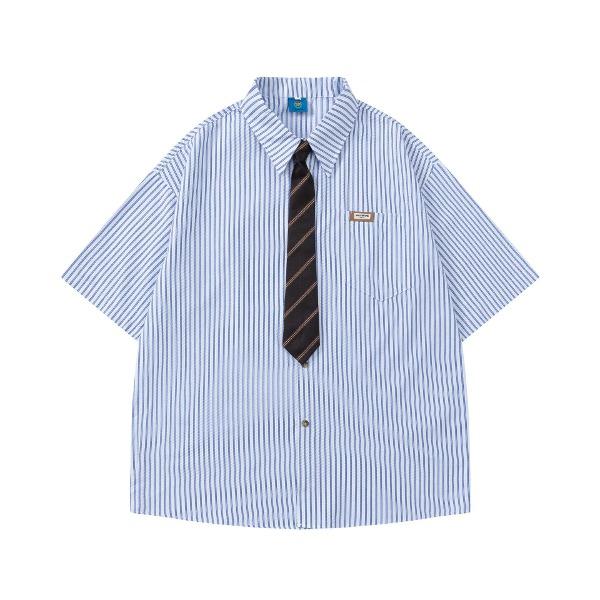 가바바 남녀공용 줄무늬 넥타이 세로 스트라이프 카라 반팔 셔츠 G77167