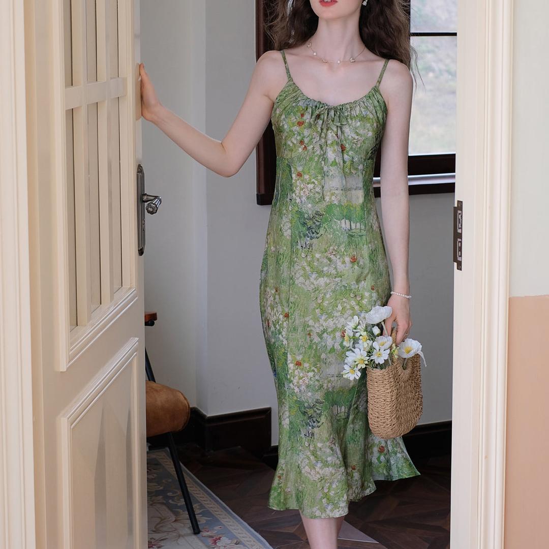 Water lily garden oil painting camisole dress and chiffon cardigan