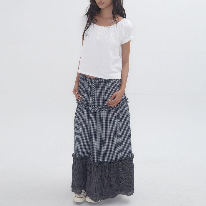 Frill Check Maxi Skirt Navy