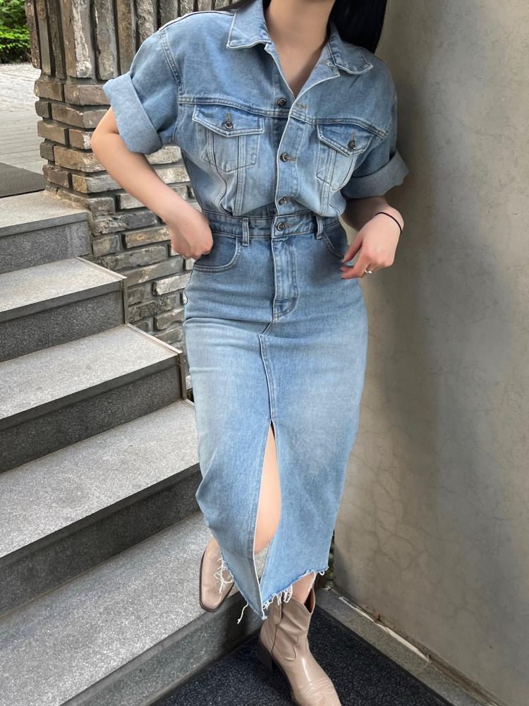 카라 데님 원피스