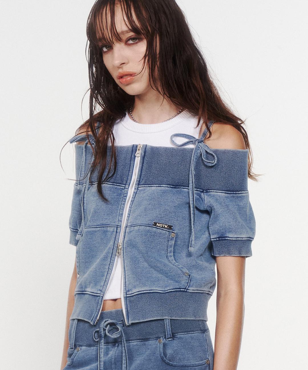 Off Shoulder Ribbon Zip Up (LIGHT BLUE)