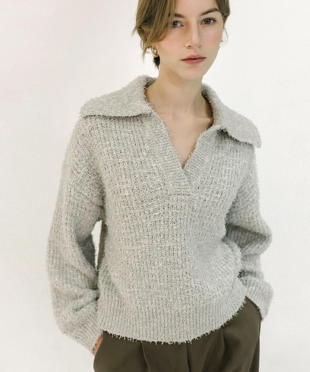 Boucle fur v-neck collar knit