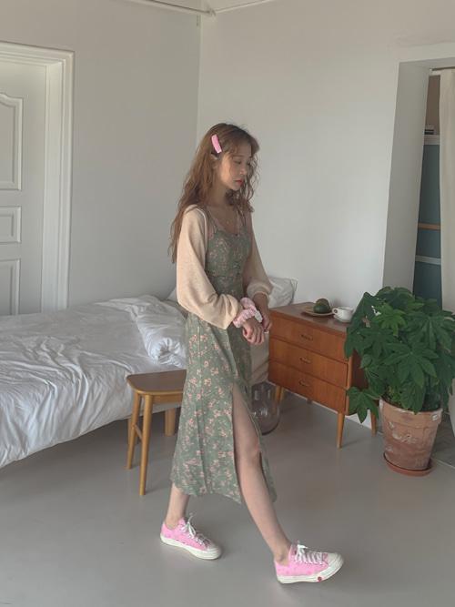 CORDUROY FLORAL VINTAGE SHIRRING SLIT DRESS(PINK, GREEN 2COLORS!)