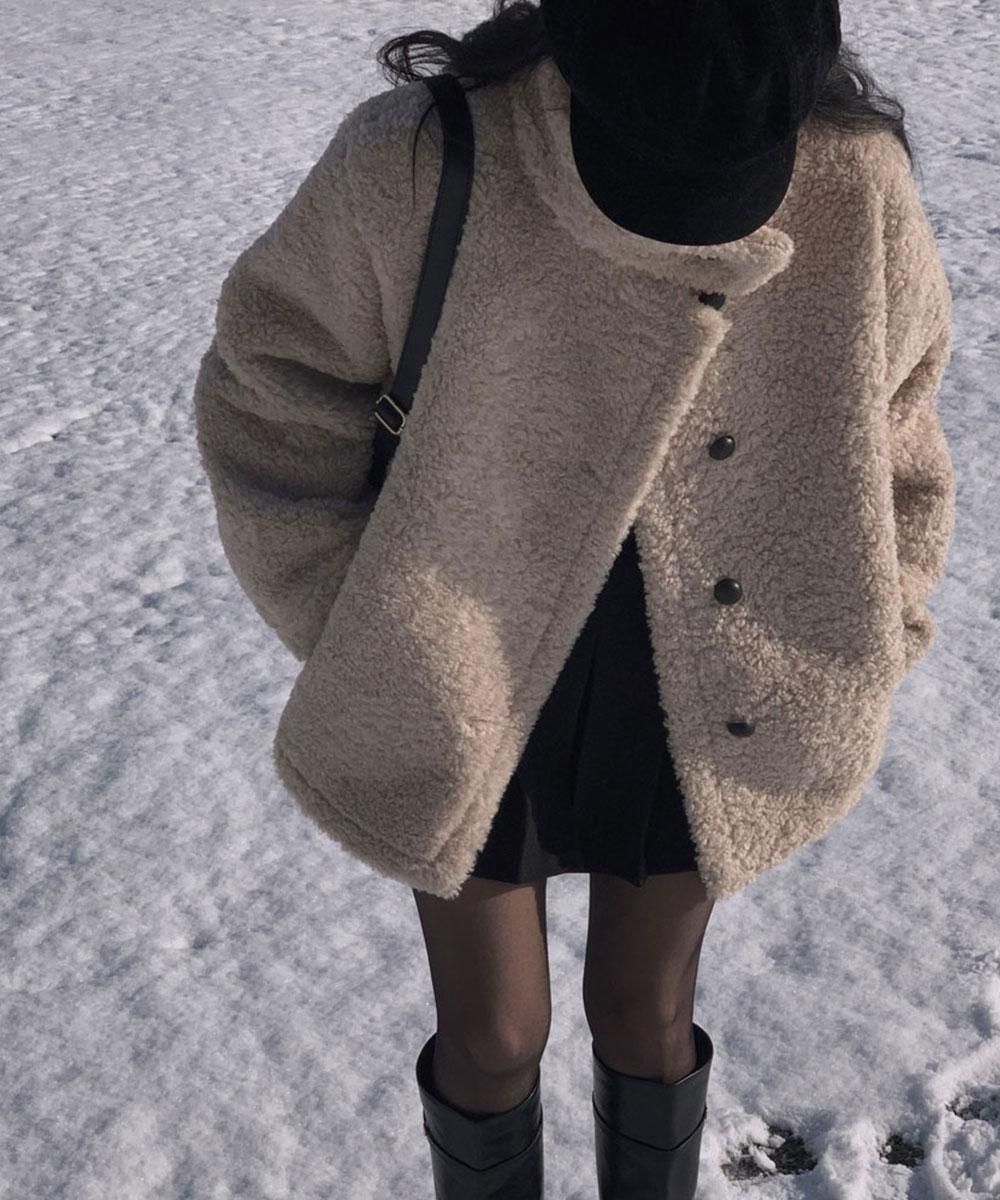 온유어리 [왕아방핏🤎]후회없는 선택,푸들 양털 오버핏 하프 스웨이드 퍼자켓,코트