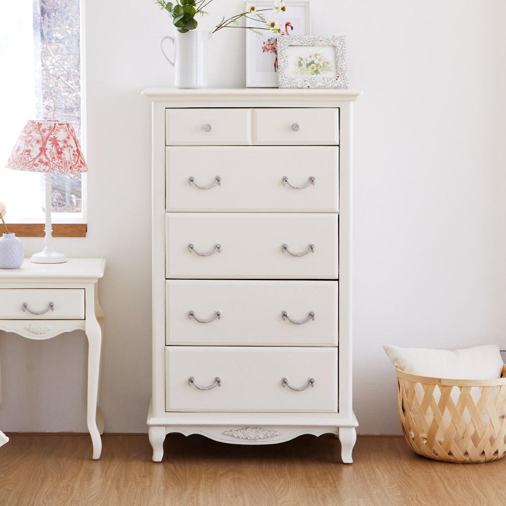 퀸앤 화이트 엔틱 원목 5단 하이 서랍장