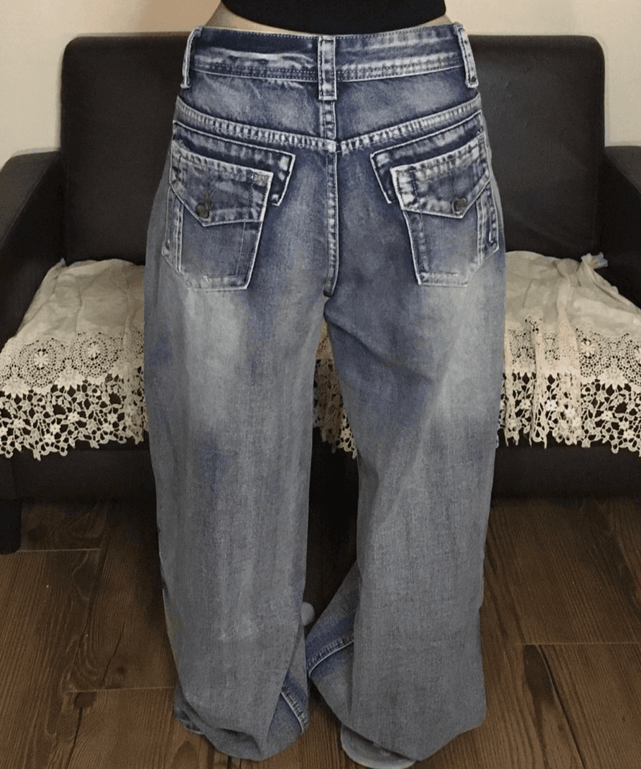 블루하츠 [핏보장] 백 포켓 스냅 와이드 일자핏 빈티지 샌드워싱 연청 데님 롱팬츠