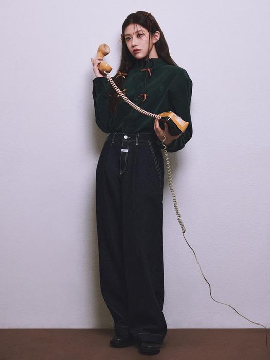 W LOW-WAIST TUCK WIDE DENIM PANTS dark blue