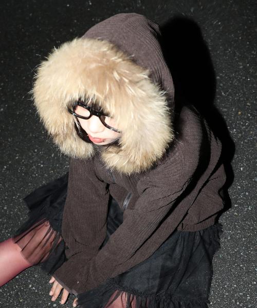 GZHD002 드로플랫 라쿤 퍼 집업 후드 (BROWN)