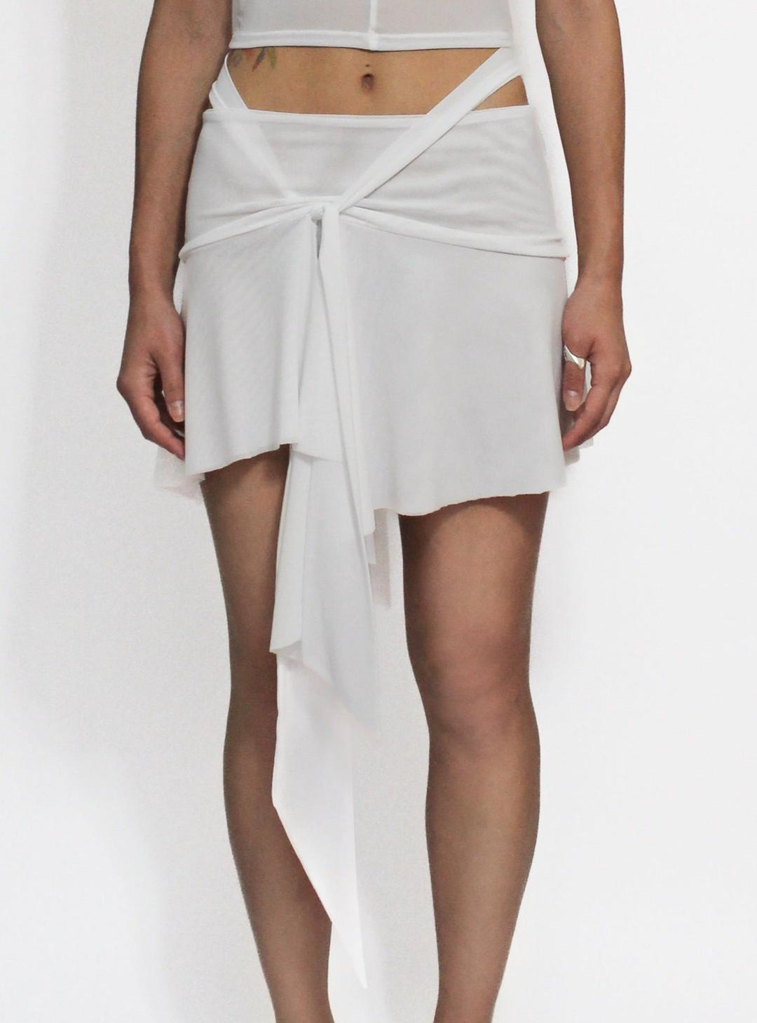 White Illusion Mesh Draped Mini Skirt - XS