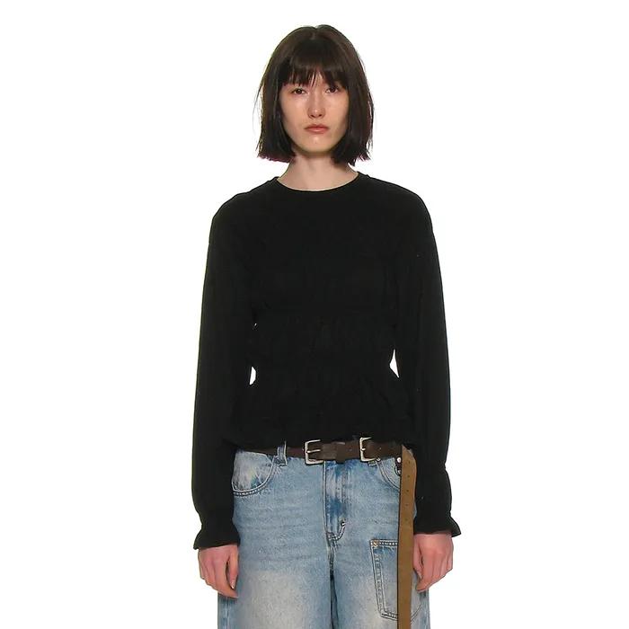 SMOCKED LONG SLEEVE TOP_BLACK