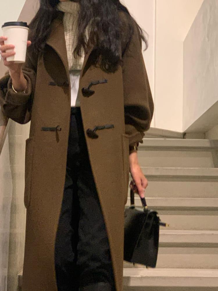 [카멜 당일배송] 베르가못 하이넥 핸드메이드 더플 코트 떡볶이 울 롱 코트 24FW (3컬러)