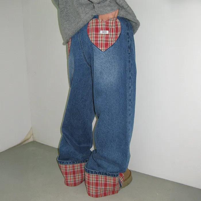 PATCH ROLL UP DENIM PANTS RED CHECK