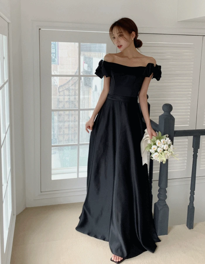 리본소매 블랙 드레스, 셀프웨딩 롱 플레어 촬영 2부 피로연 브라이덜샤워 오프숄더 연주회 빅사이즈