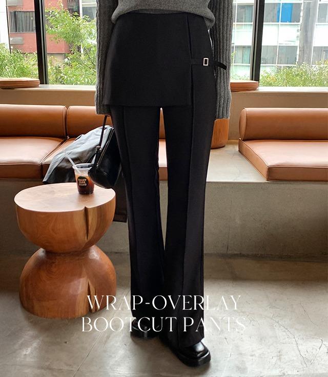 삐뽕언니 불로 랩 부츠컷 치마팬츠(2color) [치마바지 레이어드스커트 비조 벨트 옆트임 절개 롱긴바지 사계절 가을 간절기 스판 슬랙스 허리밴딩 트레이닝]