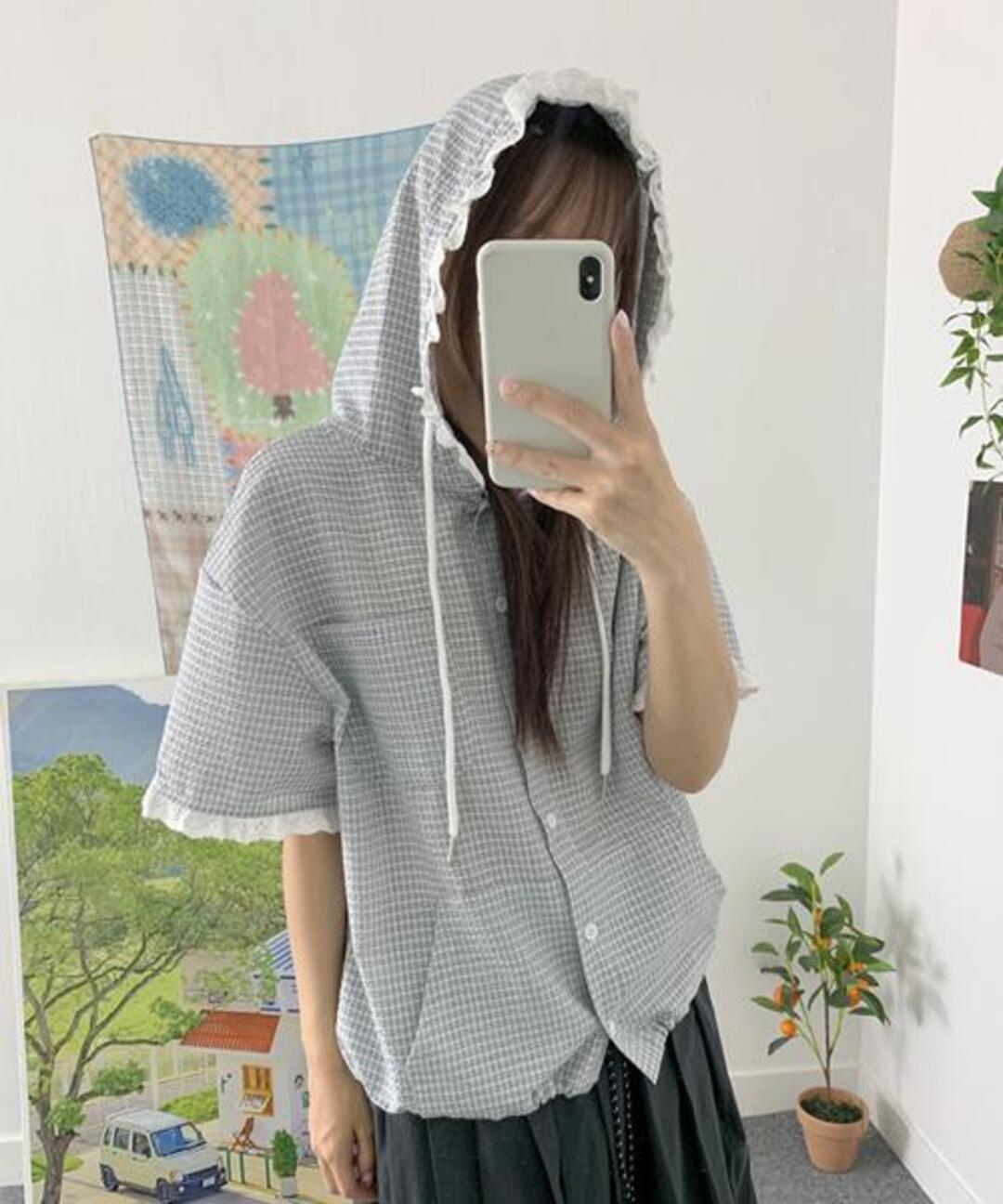 러브앤드팝 키토 체크 후드 레이스남방