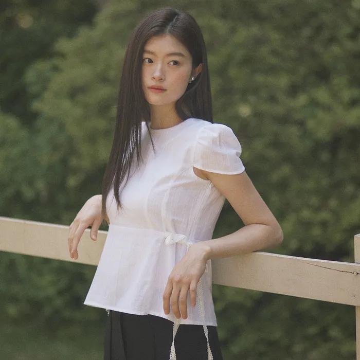 Burn side ribbon cap sleeve blouse - white