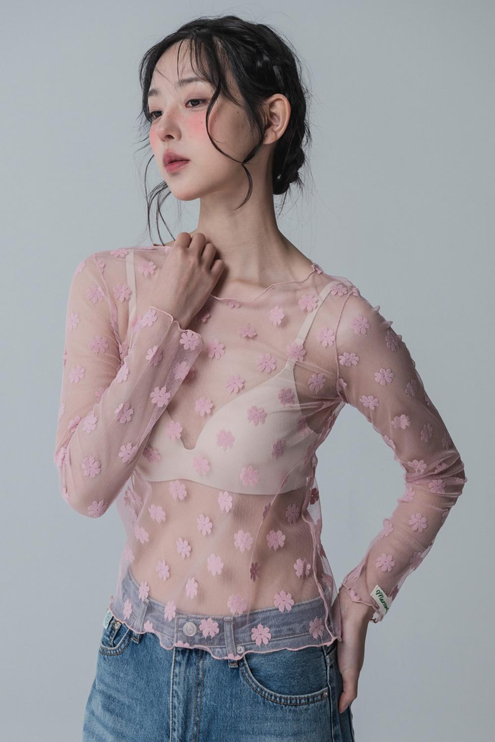 VELUNA FLOWER SEE-THROUGH T-SHIRT_INDIE PINK