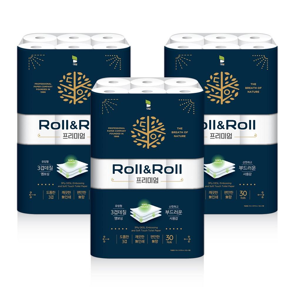 롤앤롤 프리미엄 화장지 3겹 30m 30롤 3팩