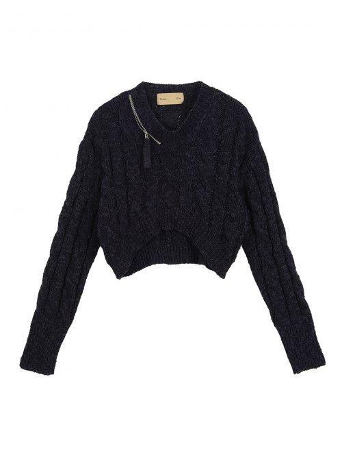 V NECK ZIP CROP KNIT PULLOVER IN NAVY