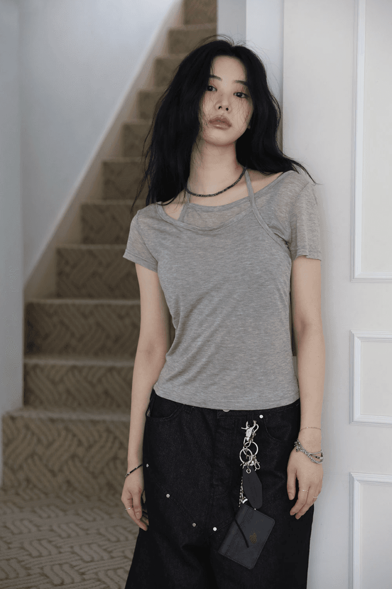 컬러인아이디 홀터넥 레이어드 반팔 티