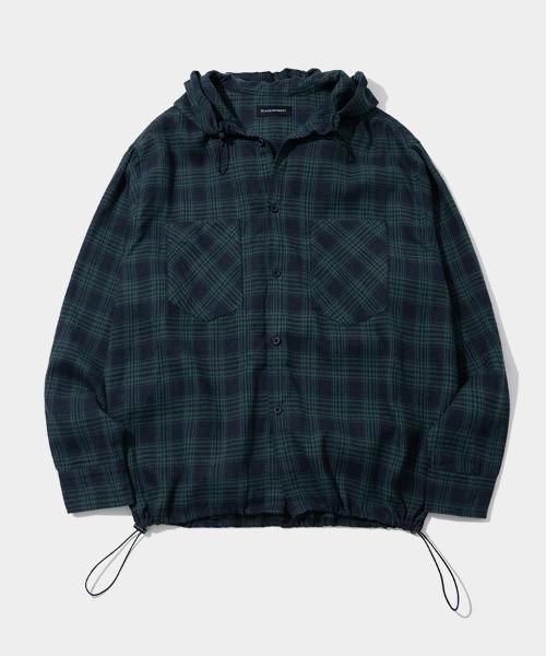 Unisex Double Pocket Overfit Check Hooded Shirt Cotton Jacket [Green]
