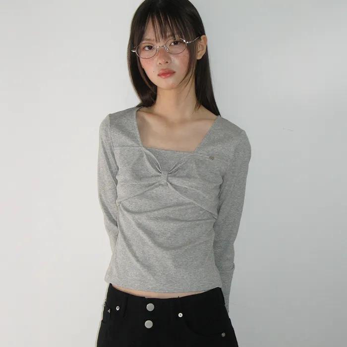 RIBBON KNOT SQUARE NECK LONG SLEEVE GREY