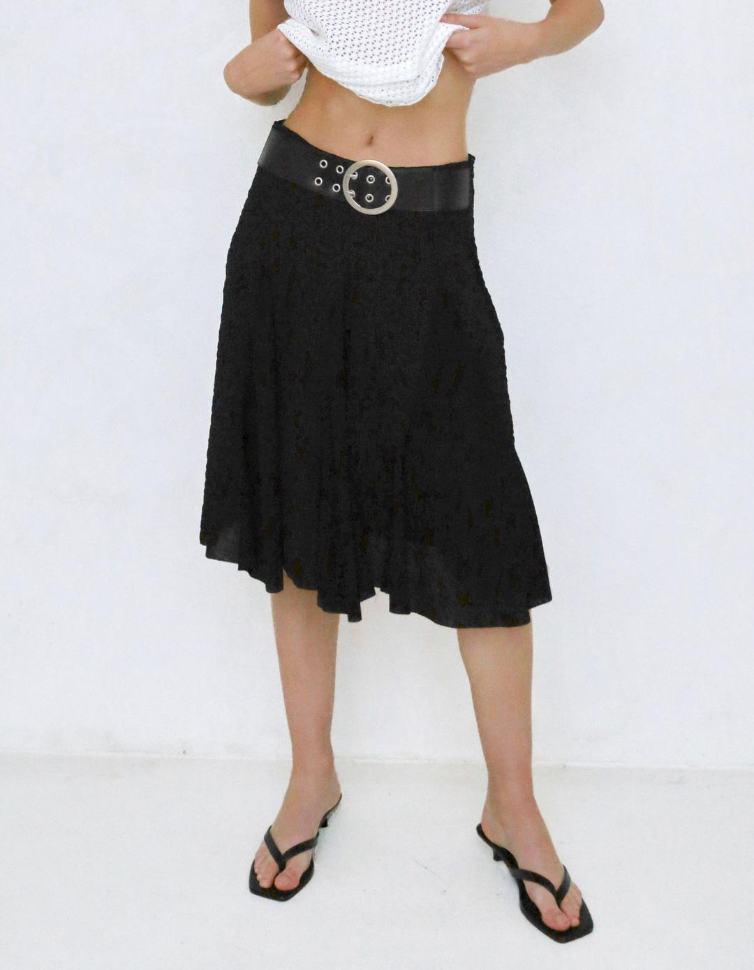 FLOWER BELTED SKIRT, BLACK