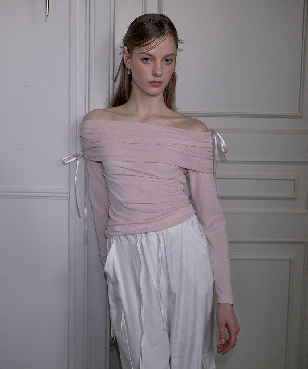 Ribbon Off Shoulder Long Sleeve [Pink]