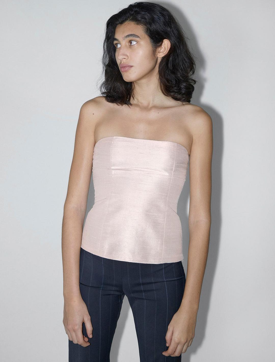 AGNES-Pink silk bandeau top with adjustable ribbon on the back