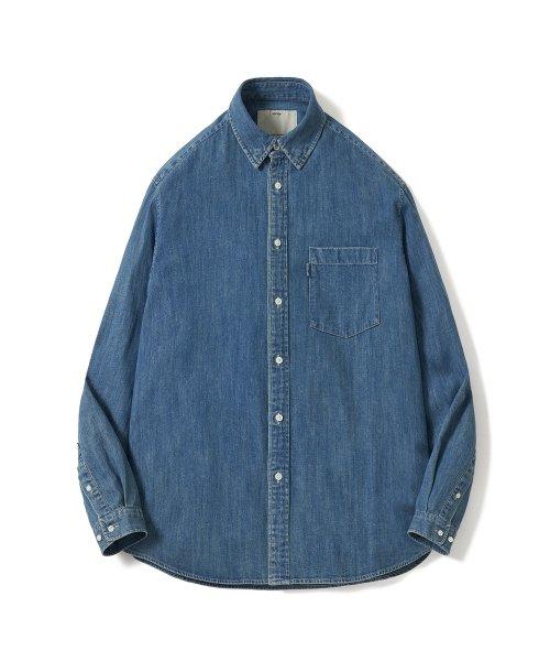 Button Down Shirt Cotton High Density Twill Denim Cloth Washer Finish (Mid Blue)