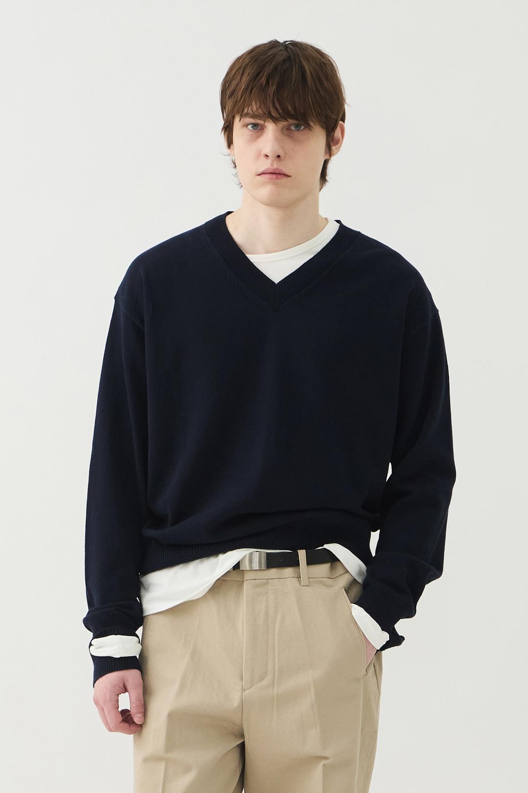 SLEEVE-CUT FINE COTTON V NECK SWEATER - DARK NAVY