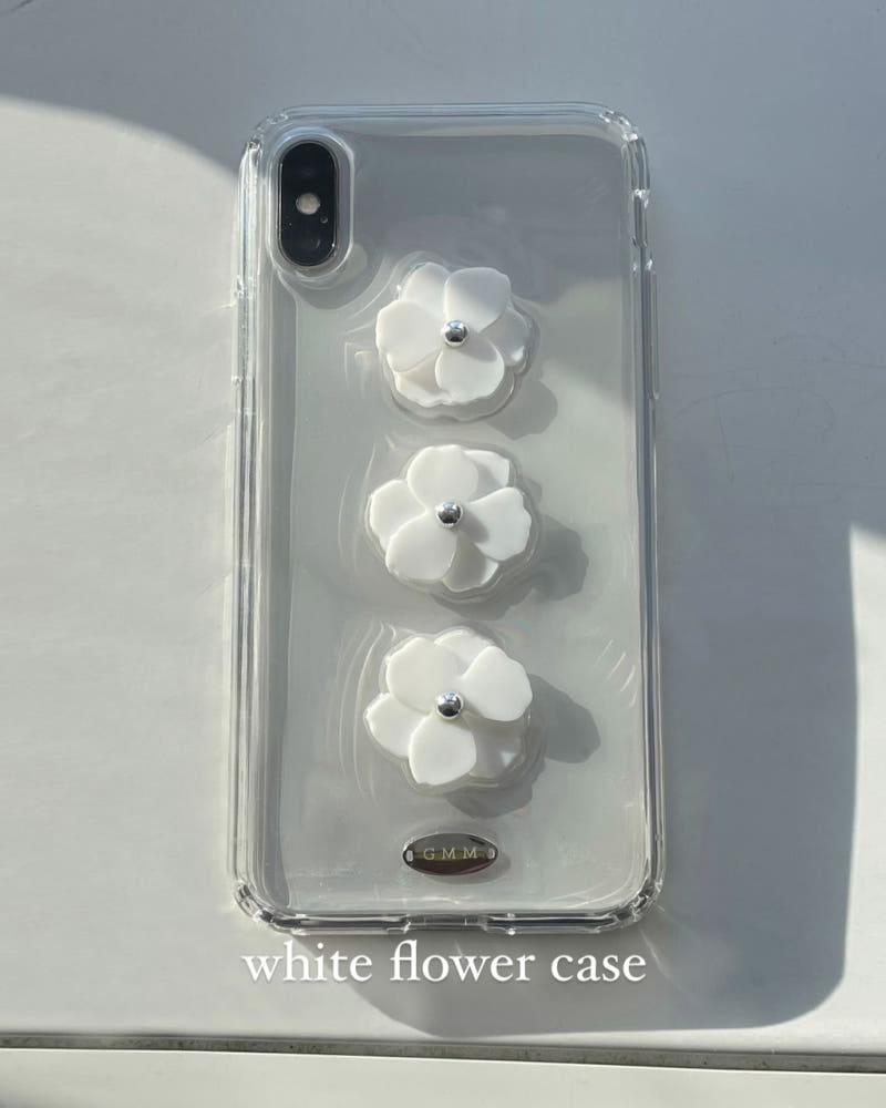 white flower, black flower, silver glitter case