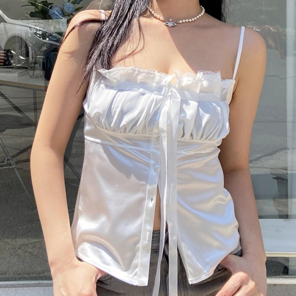 [3월중재입고예정] 새틴 샤틴 레이스 프릴 셔링 리본 크롭탑 뷔스티에 나시 티셔츠