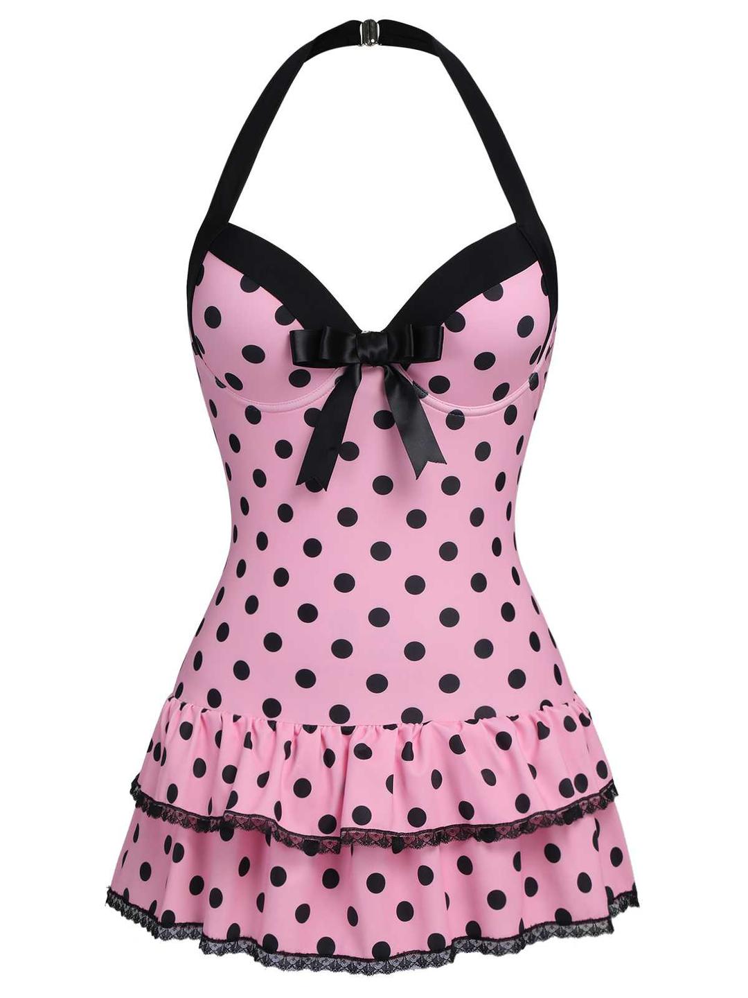 Pink 1940s Halter Polka Dots Bow One-Piece Swimsuit - Pink / S / 2