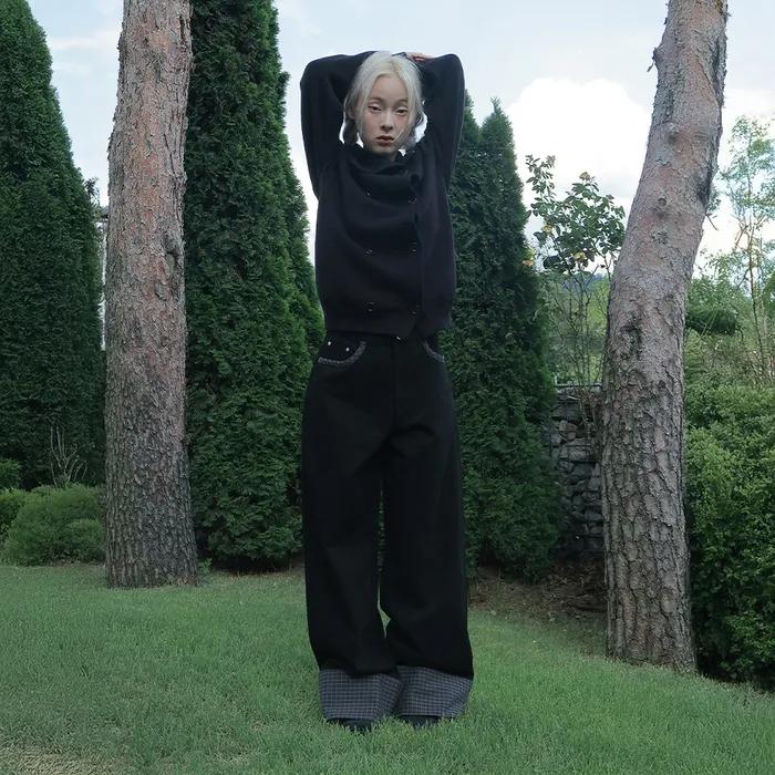 CHECK ROLL UP COTTON PANTS, BLACK