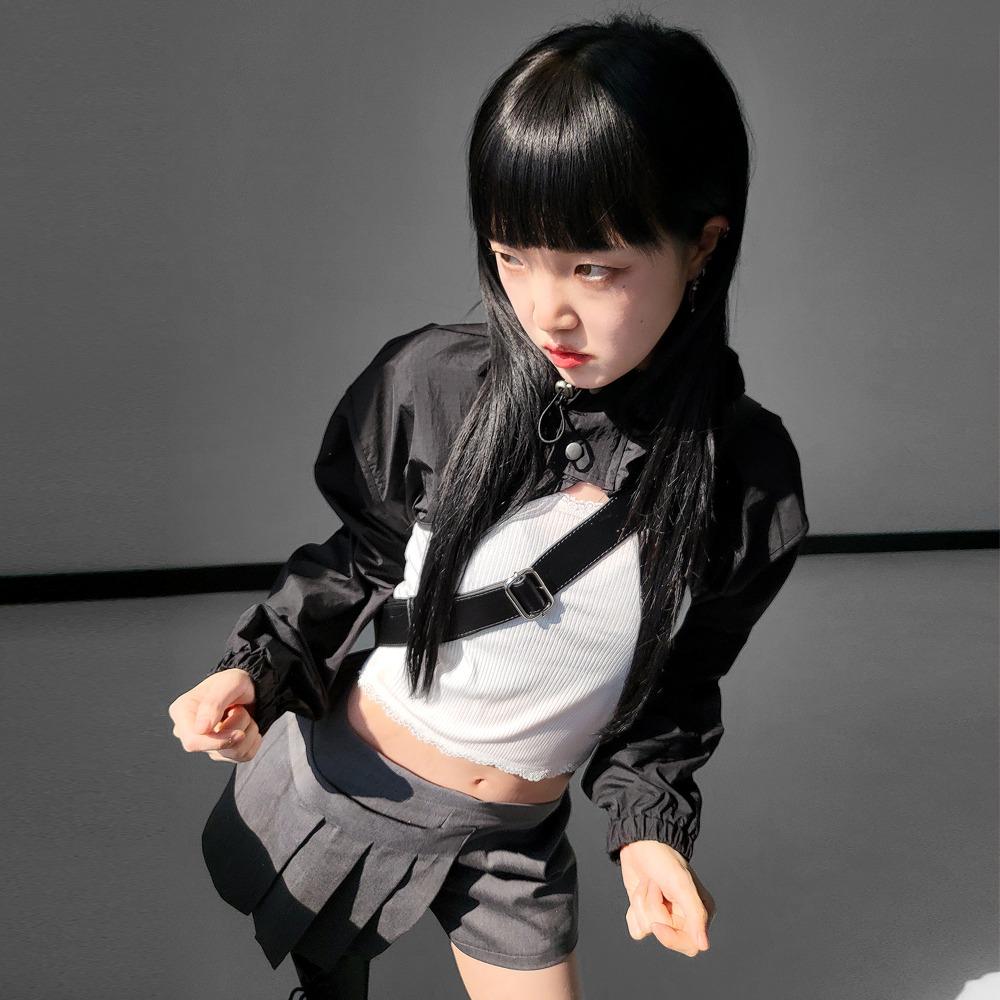 레이어드 나일론 언더붑 크롭 바람막이 봄 후드 볼레로 점퍼