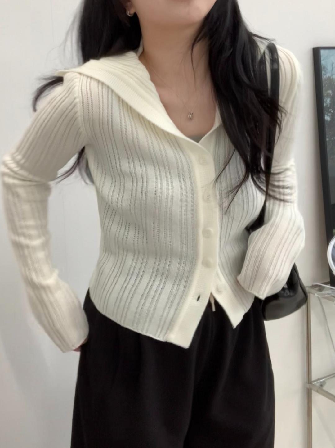 루엔 세일러 카라 단추 골지 가디건(아이보리)