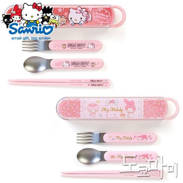 (일본) 헬로키티 마이멜로디 무소음 슬림 수저포크 트리오세트(2type)  여자아이 도시락 식기 숟가락 캐릭터 스푼 젓가락 수저케이스