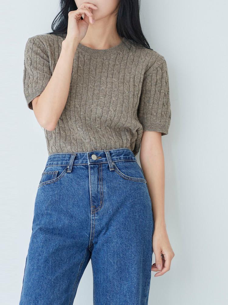 [기획특가] 봄 가을 케이블 울 꽈배기 라운드 캐시미어 반팔 니트 EH18B2